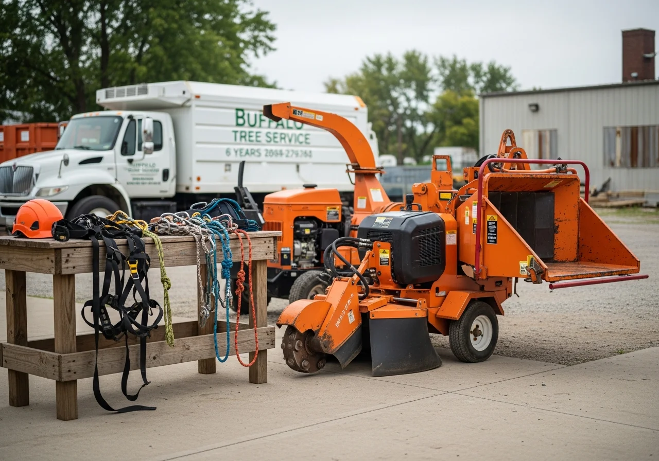 Professional tree service crew with climbing gear and equipment staged at job site, ready for safe tree removal.