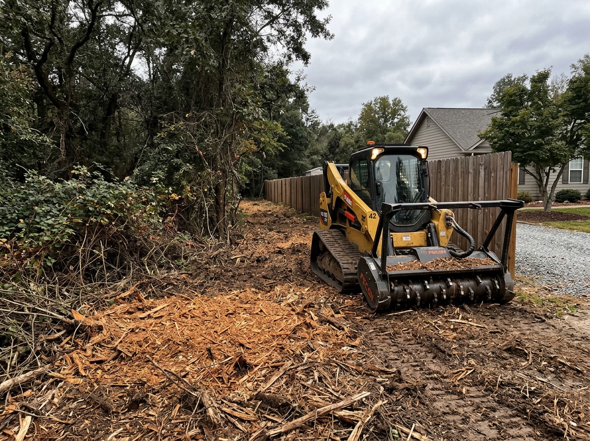 Skid steer with a forestry mulching head clearing dense brush along a Western New York property line