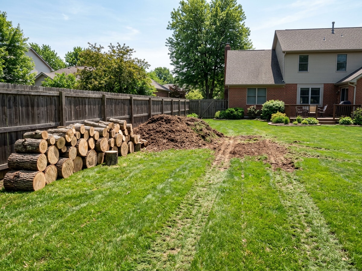 Cleared backyard with stacked cut tree rounds and mulched brush piles after a fallen tree cleanup