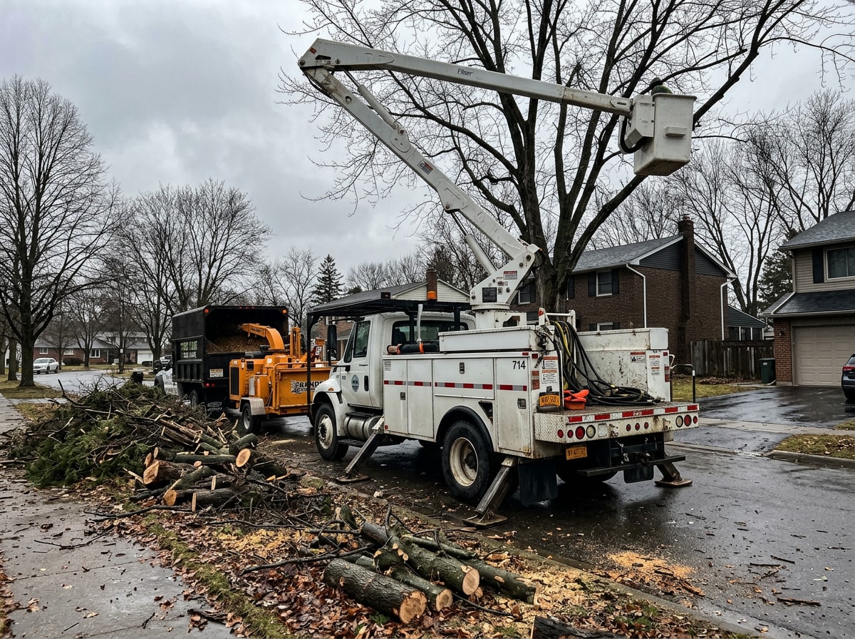 Bucket truck and chipper staged on a residential street during active storm debris cleanup