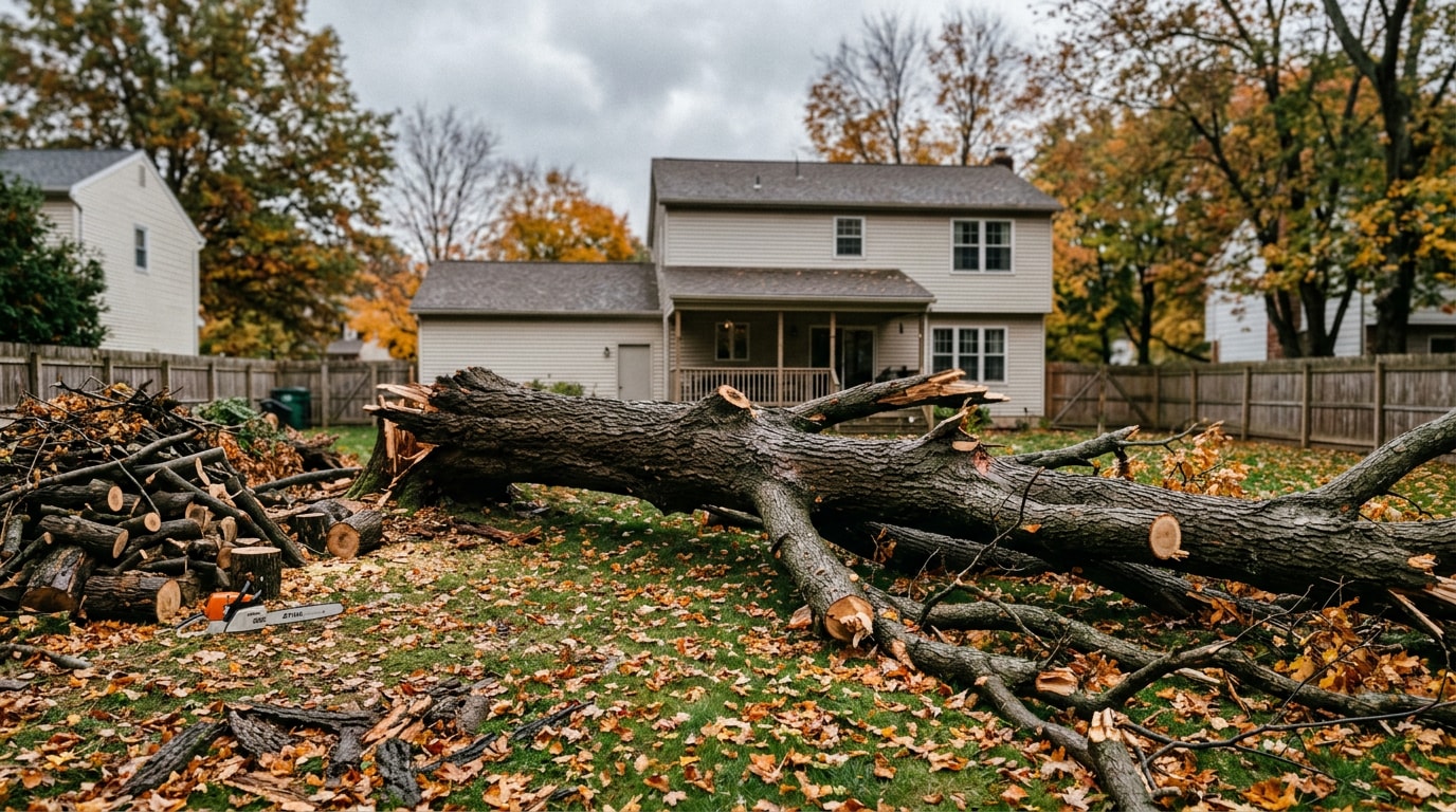 Fallen tree across a residential backyard in Cheektowaga, NY before cleanup Fallen tree across a residential backyard in Cheektowaga, NY before cleanup
