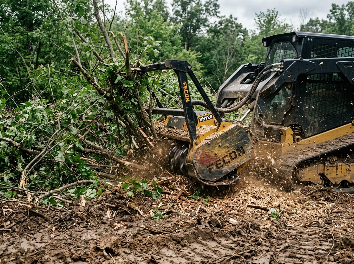Forestry mulcher clearing dense brush on a wooded lot near Buffalo, NY