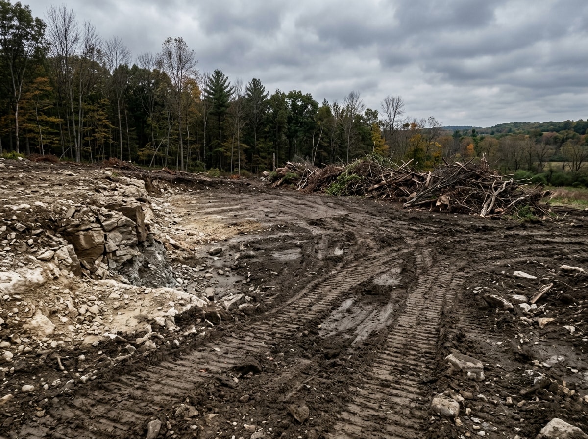 Job-site photo showing cleared Clarence, NY terrain with visible soil and grading work near the Onondaga Escarpment