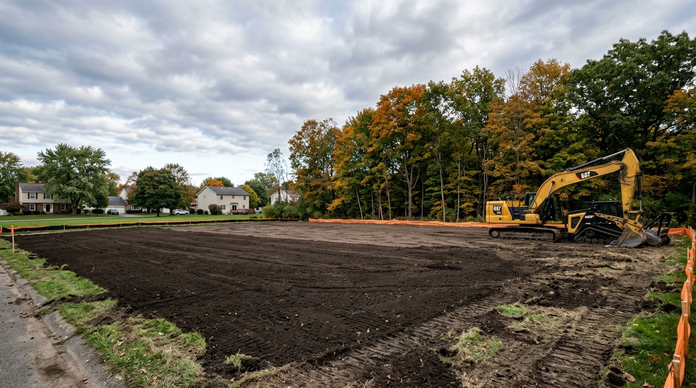 Freshly cleared residential lot in Clarence, NY ready for construction