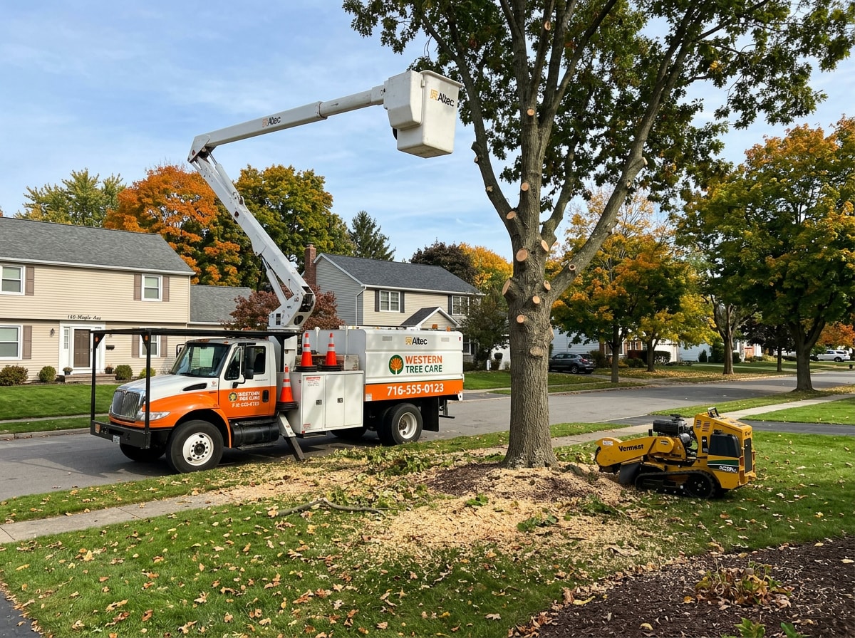 Arborist performing tree trimming and stump grinding services in Hamburg NY