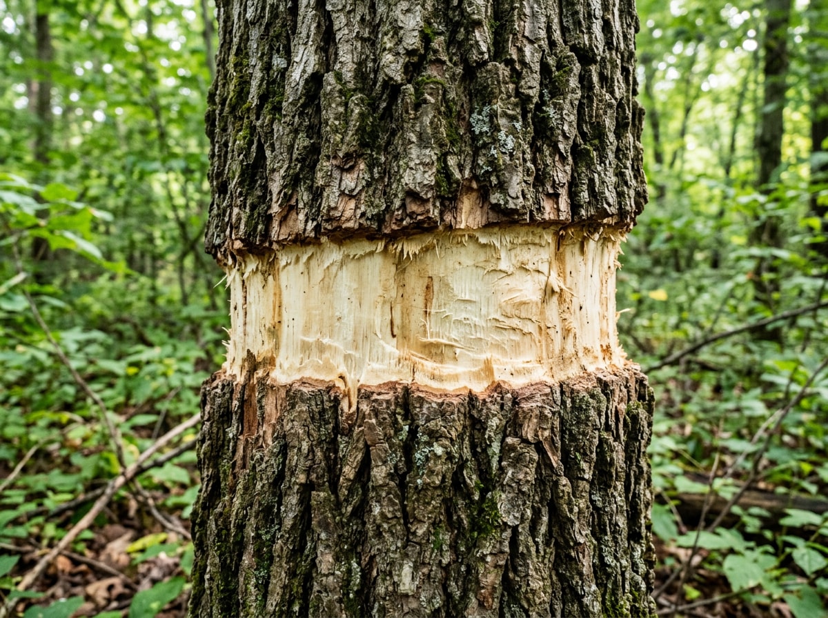 Close-up of a girdled tree trunk showing a ring of removed bark exposing the cambium layer