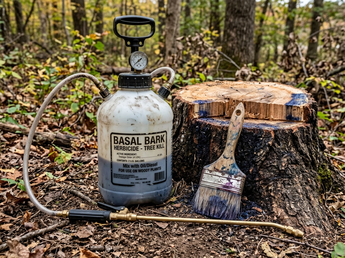Bottle of triclopyr-based basal bark herbicide next to application tools on a tree stump