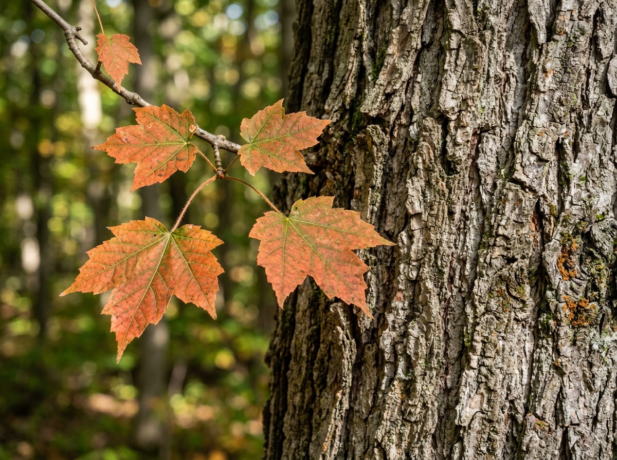 Close-up of maple tree bark and leaves showing trunk texture relevant to girdling