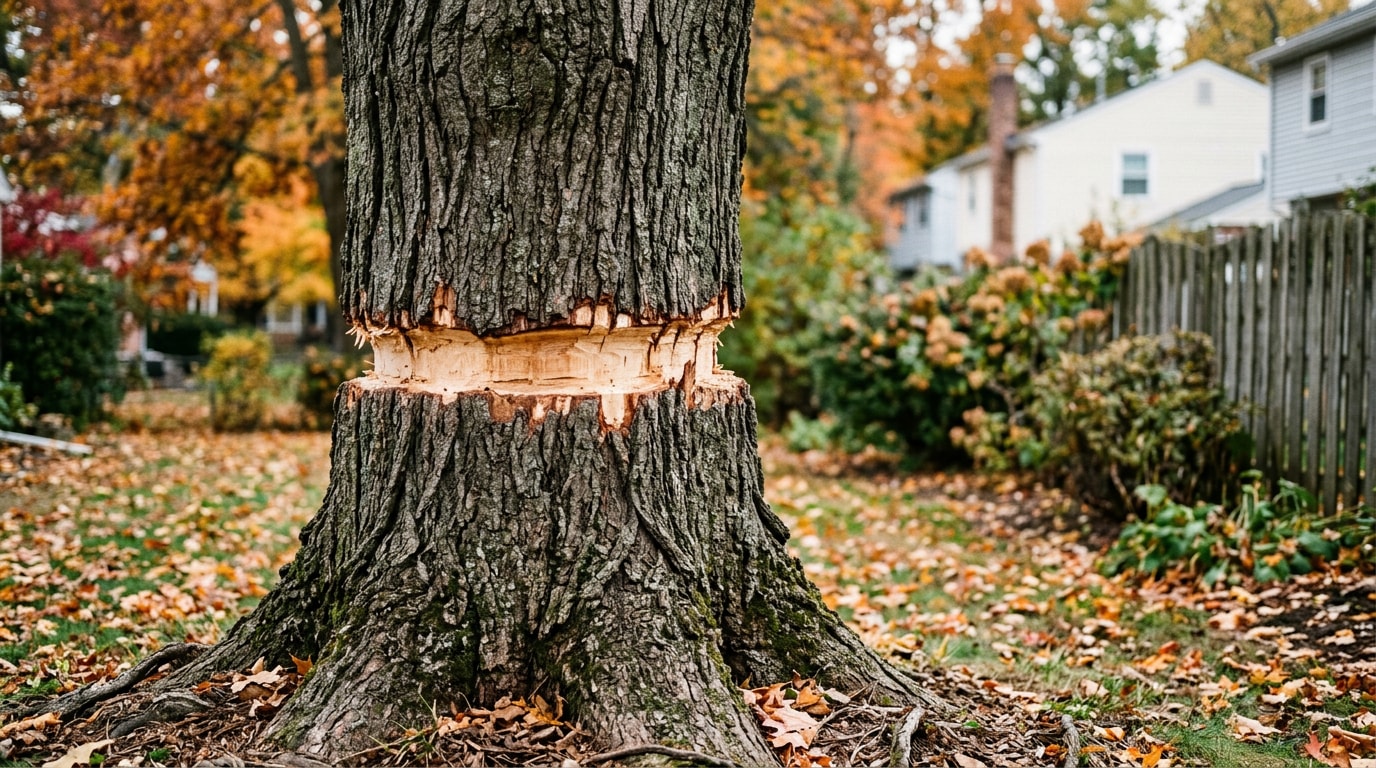 Mature tree trunk showing a girdling ring cut through the bark in a suburban yard Mature tree trunk showing a girdling ring cut through the bark in a suburban yard