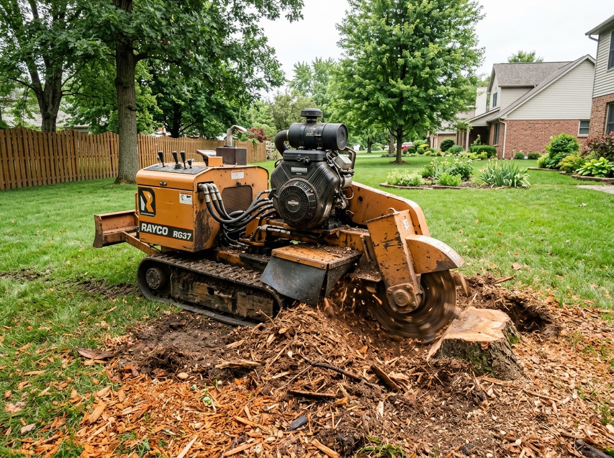 Stump grinder finishing a ground-down oak stump in a residential Amherst, NY yard