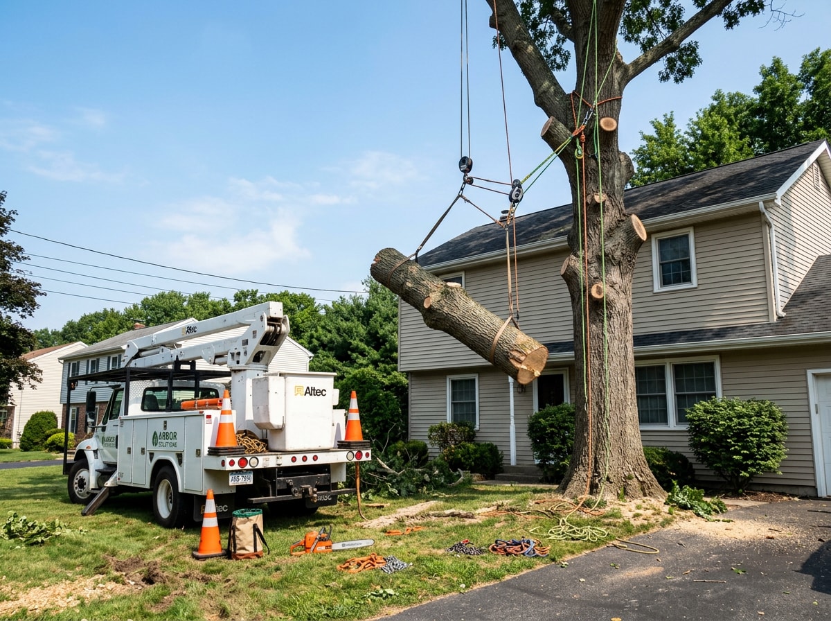 Tree crew performing a rigged sectional oak removal near a residential Amherst, NY property