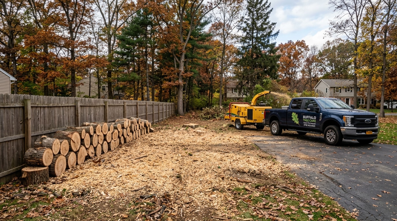 Residential yard in Amherst, NY after a professional oak tree removal with equipment and log rounds staged for cleanup Residential yard in Amherst, NY after a professional oak tree removal with equipment and log rounds staged for cleanup