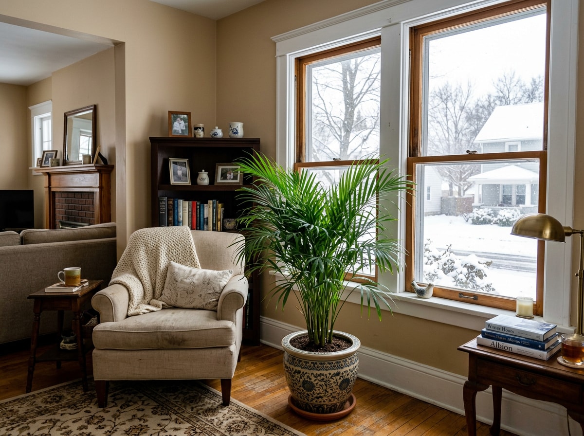 Potted indoor palm tree displayed near a bright window in a Western New York home