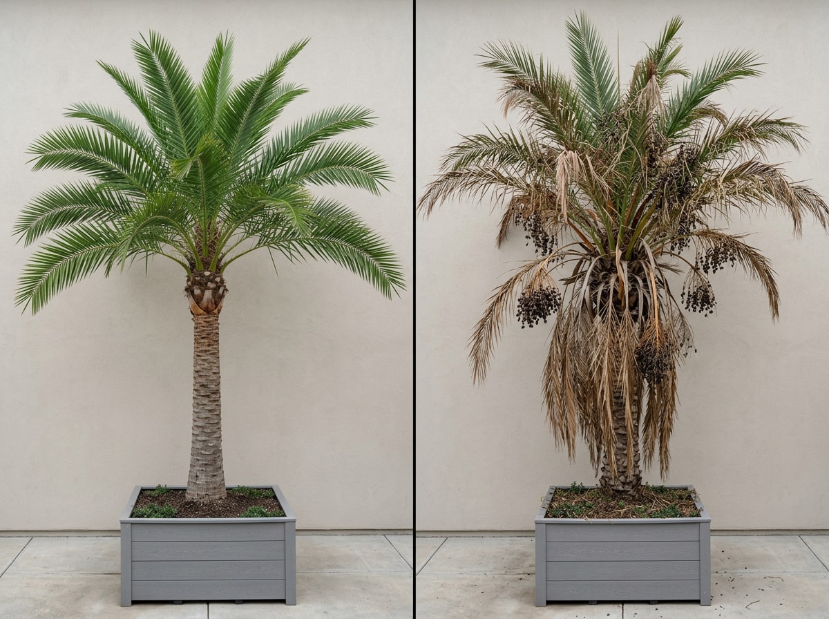 Side-by-side comparison of a neatly trimmed palm versus an overgrown, frond-heavy palm