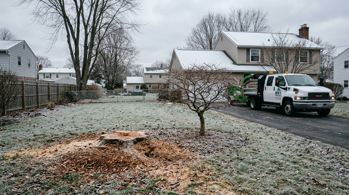 Professional tree service equipment and a freshly ground stump in a Cheektowaga, NY backyard