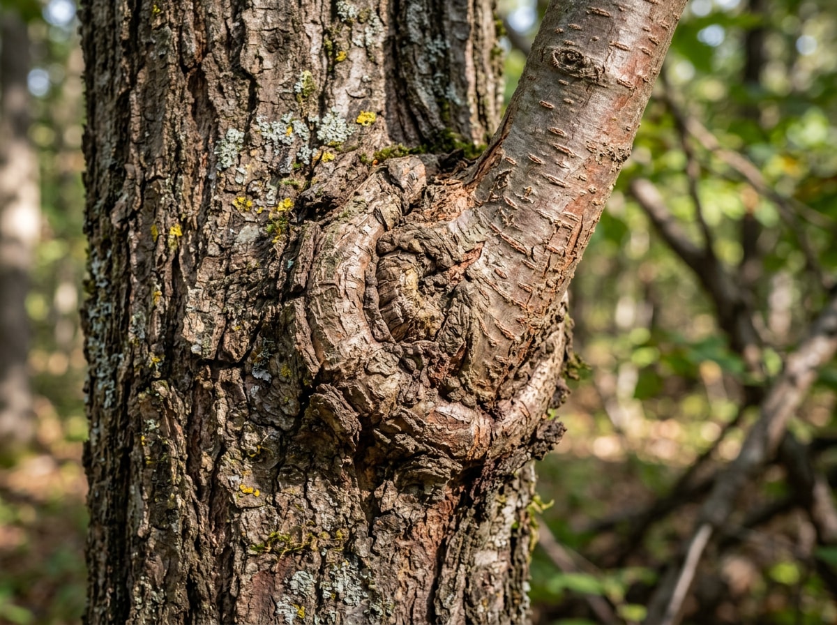 Close-up of a graft union knot on a weeping cherry tree trunk