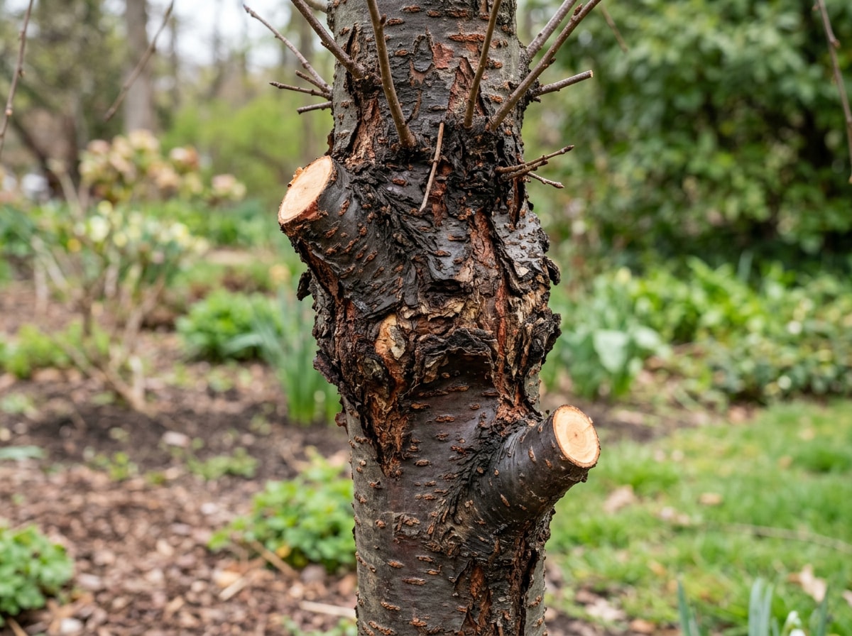 Annotated weeping cherry trunk showing correct pruning cuts above and below the graft union