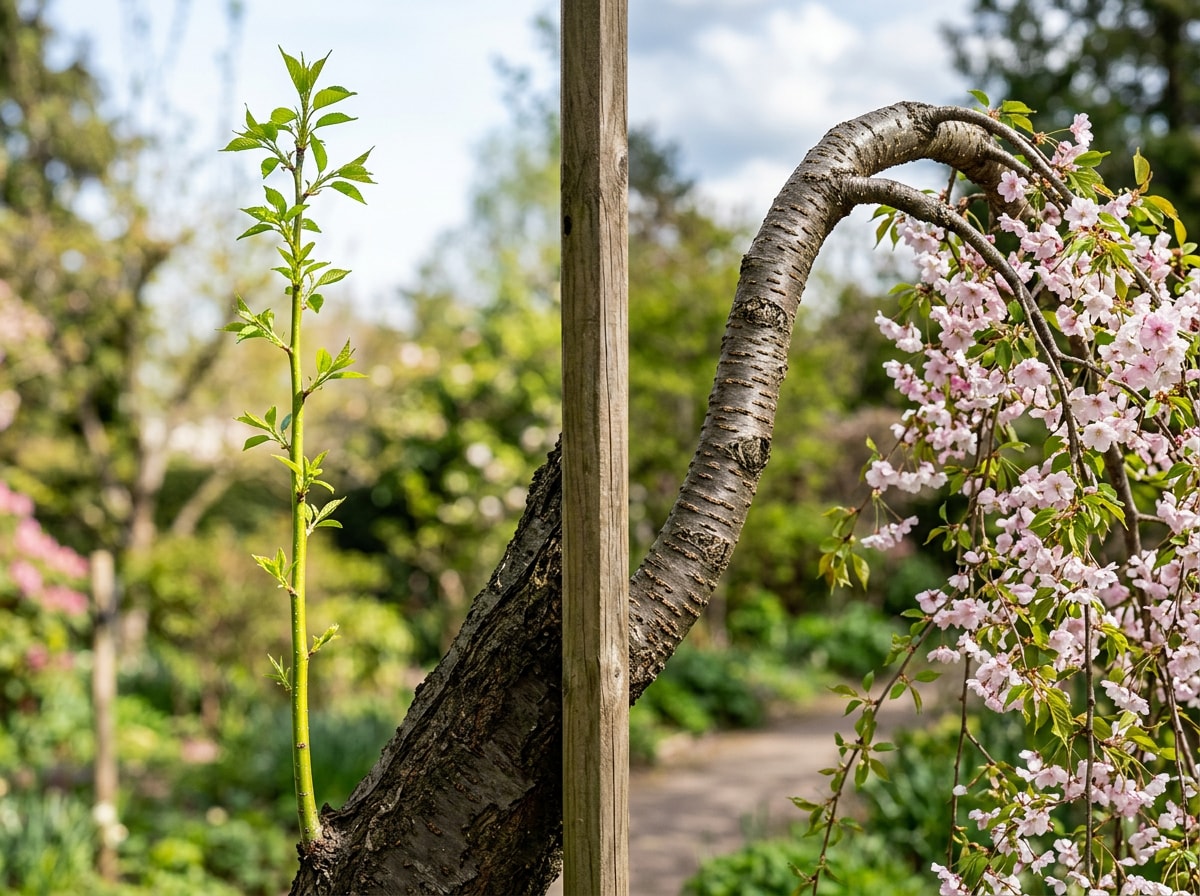 Side-by-side comparison of a watersprout versus a normal weeping cherry branch