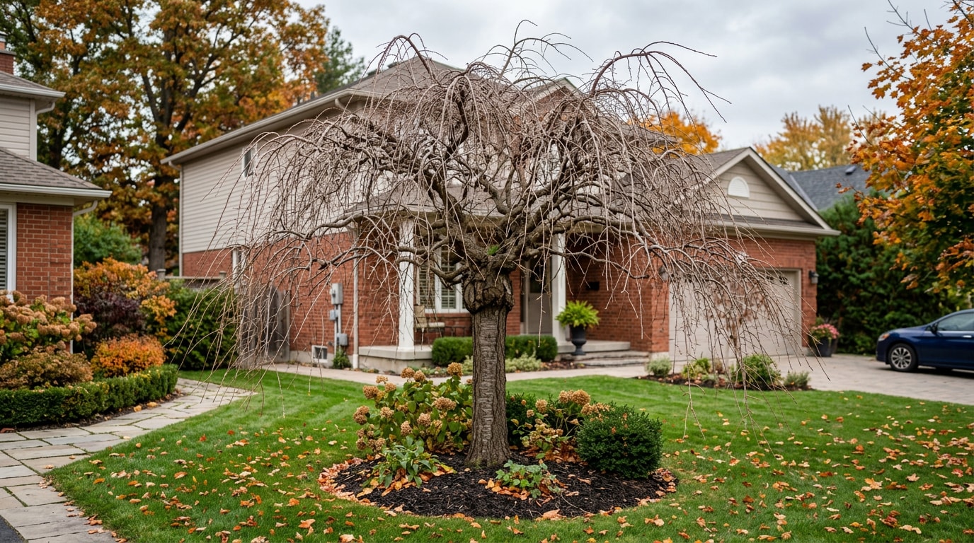 Freshly pruned weeping cherry tree with cascading branches in a West Seneca, NY yard Freshly pruned weeping cherry tree with cascading branches in a West Seneca, NY yard