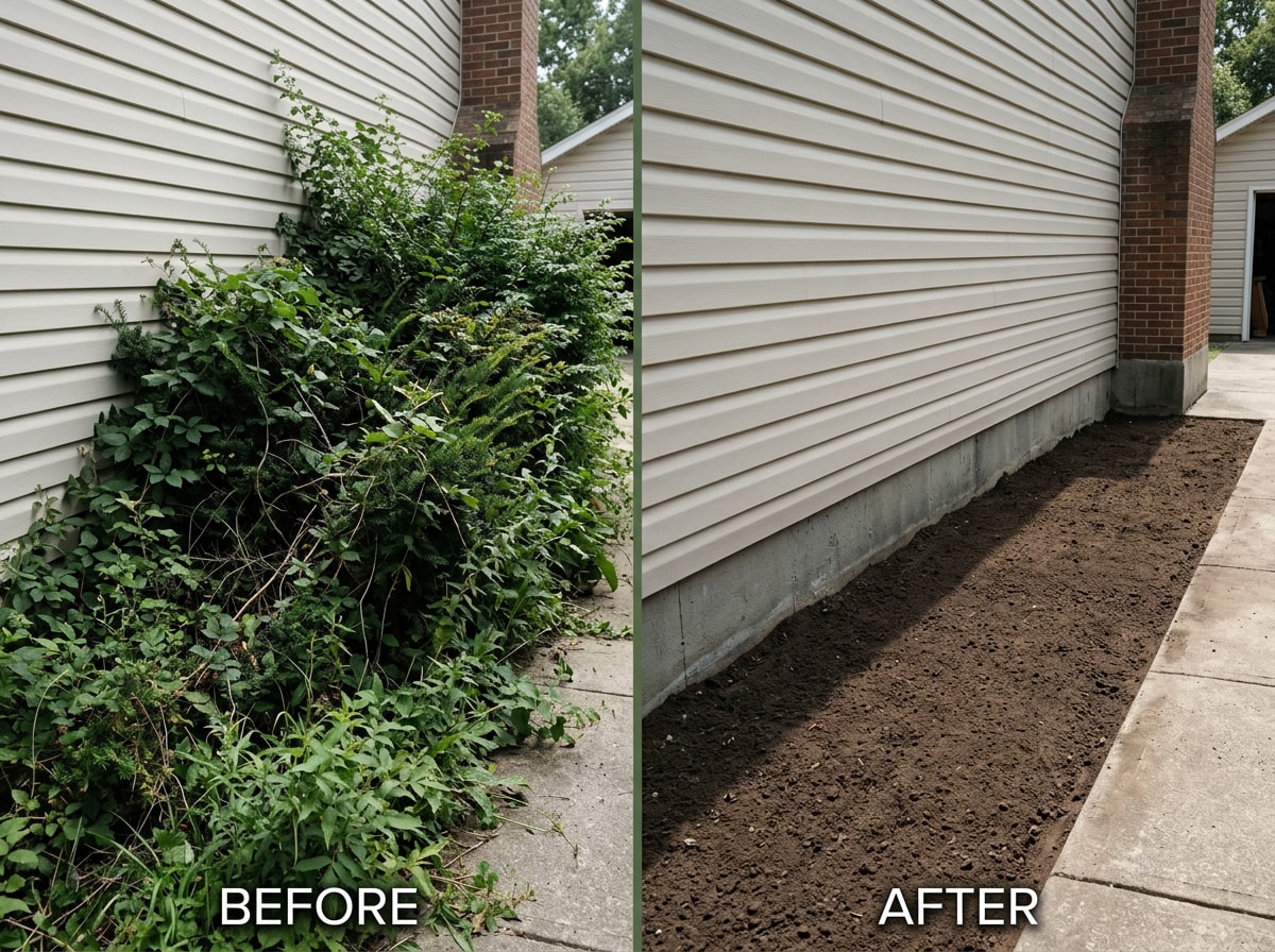 Before and after photo of overgrown shrub and root ball removal at a Hamburg, NY home