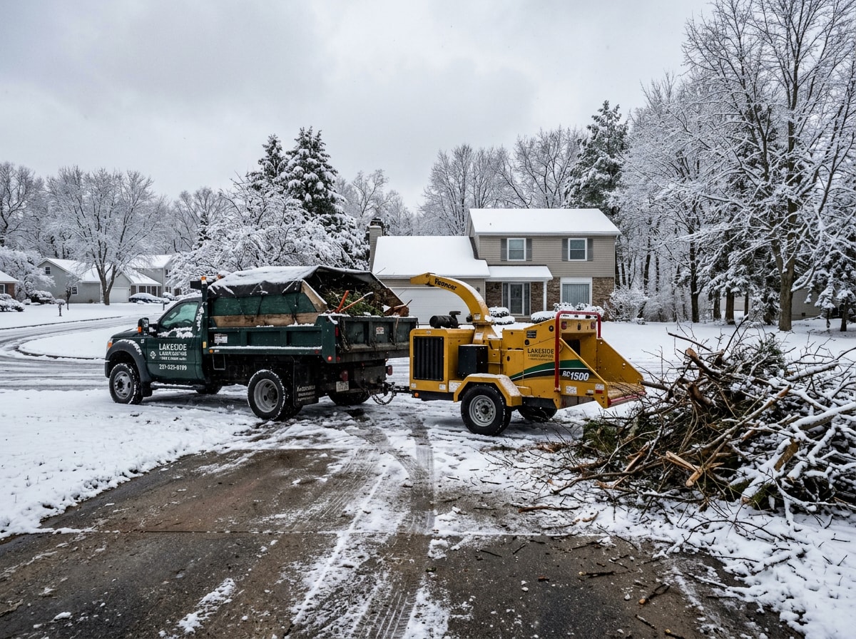 Crew clearing storm-damaged shrubs from a driveway in Hamburg, NY
