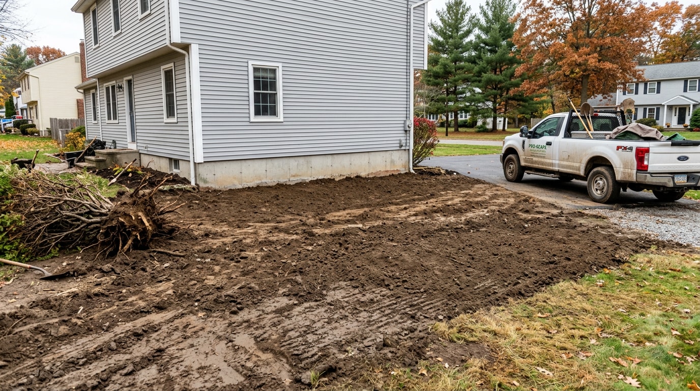 Yard in Hamburg, NY after professional shrub removal with root ball cleared and soil leveled