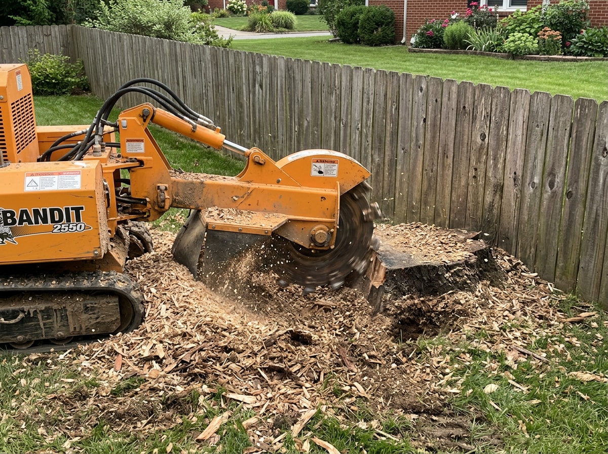 Stump grinder cutting a large tree stump below grade in a residential East Aurora, NY yard