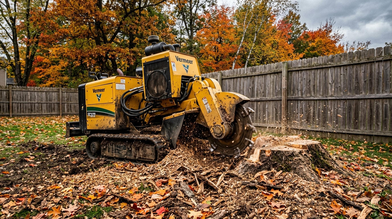 Stump grinder machine grinding a tree stump in a residential East Aurora, NY backyard Stump grinder machine grinding a tree stump in a residential East Aurora, NY backyard