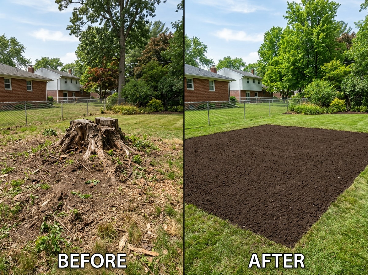 Before and after photo of a stump grinding site restored to a level, lawn-ready yard in Amherst, NY