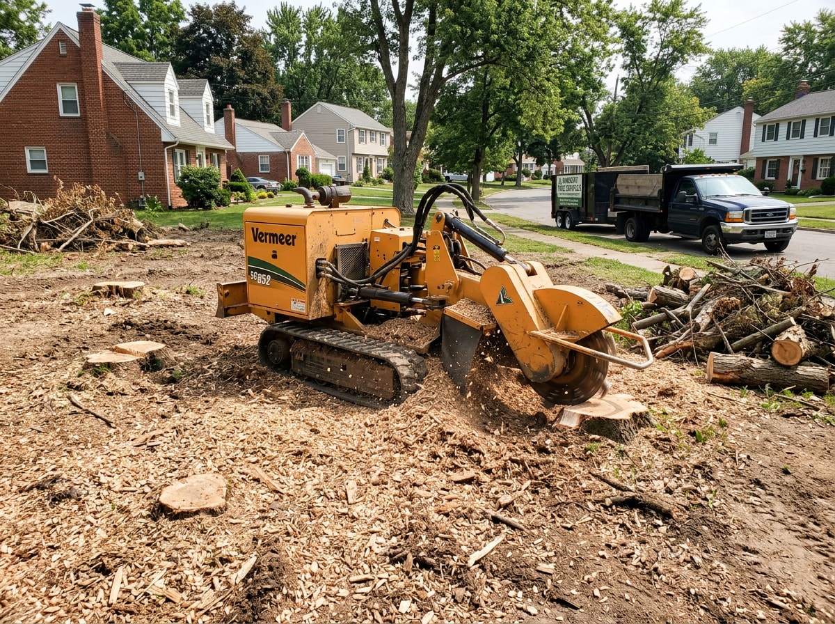 Stump grinding equipment clearing a lot during a tree removal and landscaping project in Amherst, NY
