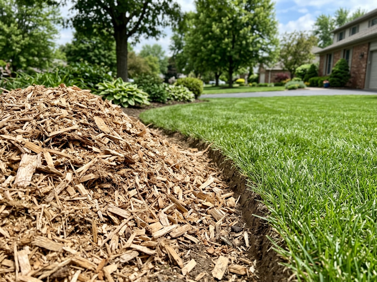 Pile of fresh wood chip mulch from stump grinding next to a restored lawn in Amherst, NY