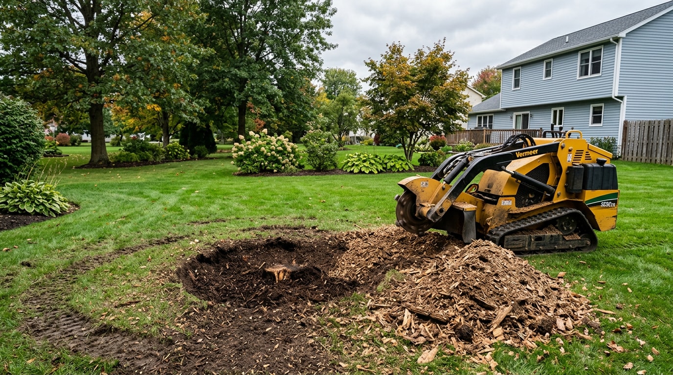 Freshly ground tree stump in an Amherst, NY backyard with a stump grinder nearby