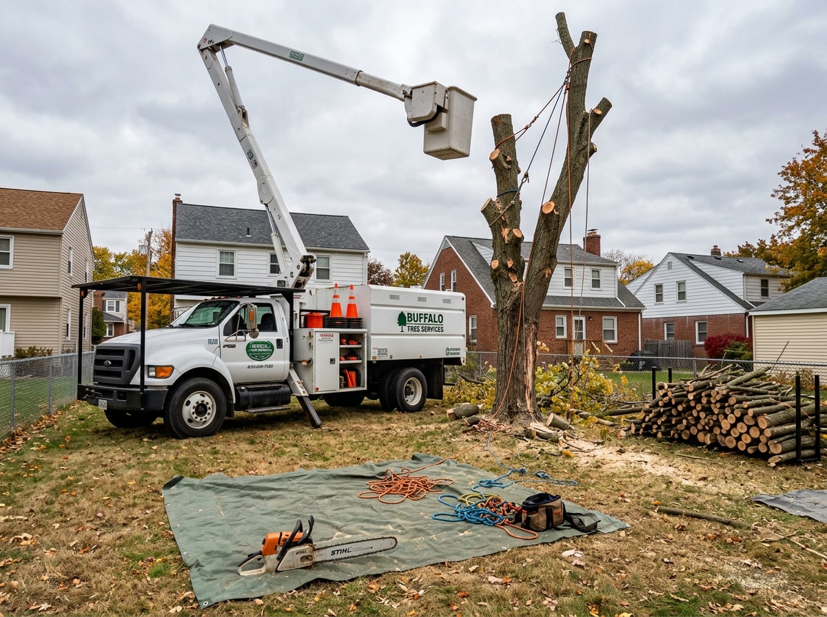 Tree service crew performing a professional tree removal in a Buffalo, NY residential yard