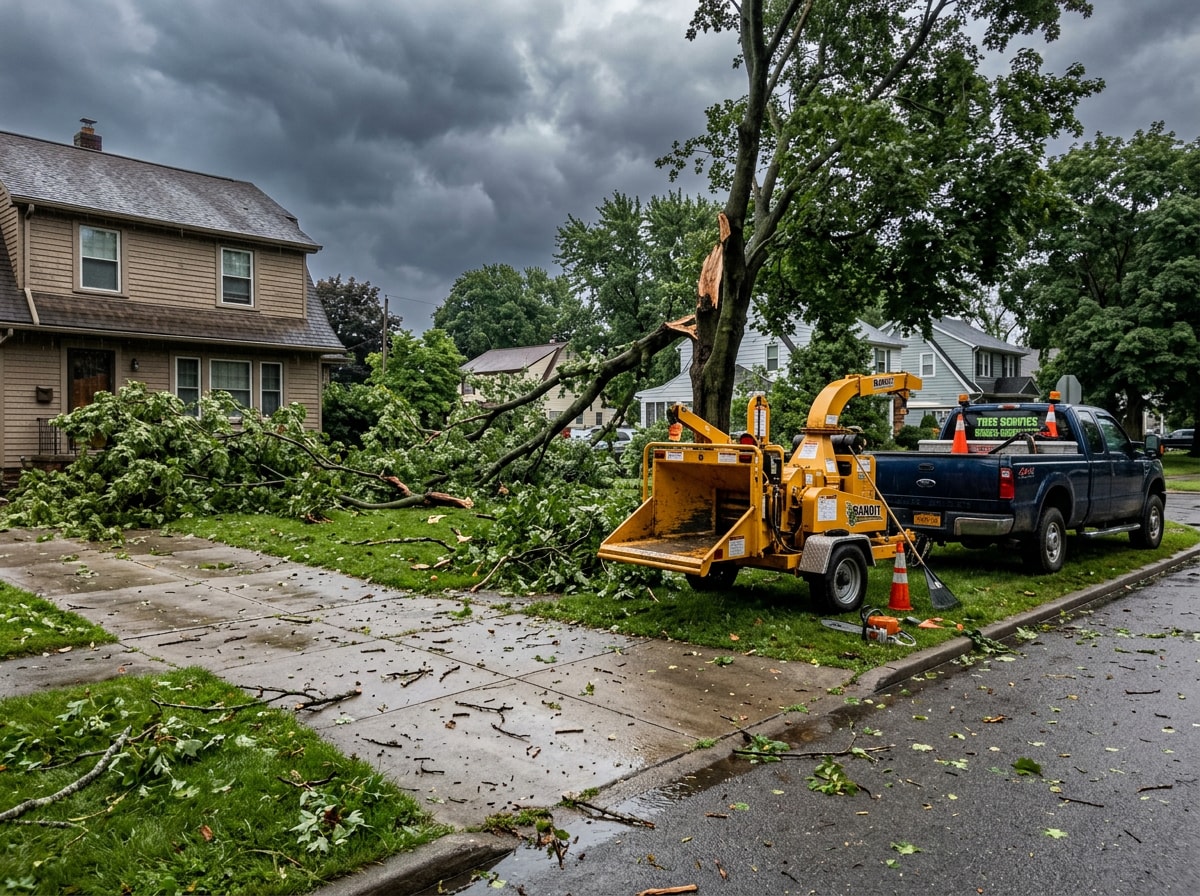 Crew clearing storm-damaged tree limbs from a yard after high winds in Buffalo, NY