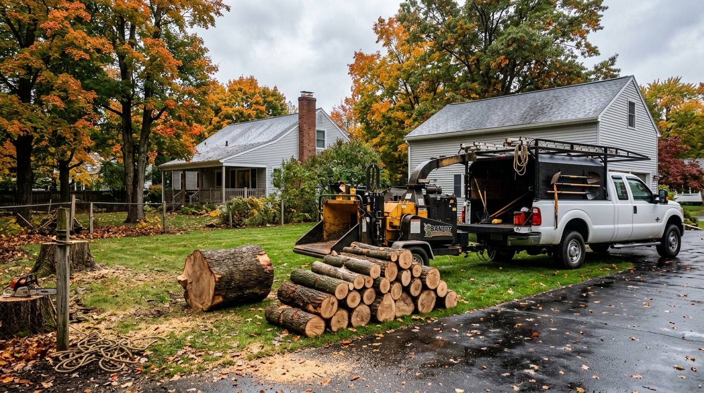 Completed tree removal site with stacked logs and equipment in a Buffalo, NY backyard