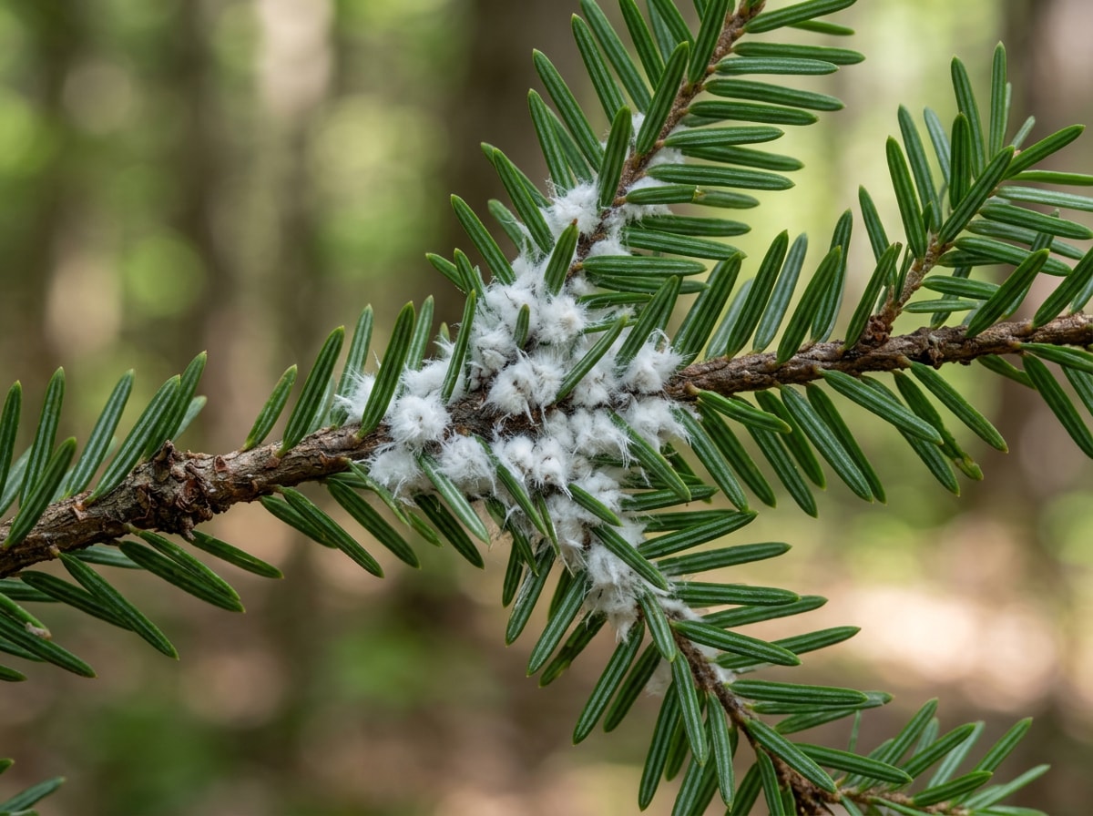 Hemlock woolly adelgid woolly white egg sacs on hemlock needles in Orchard Park, NY