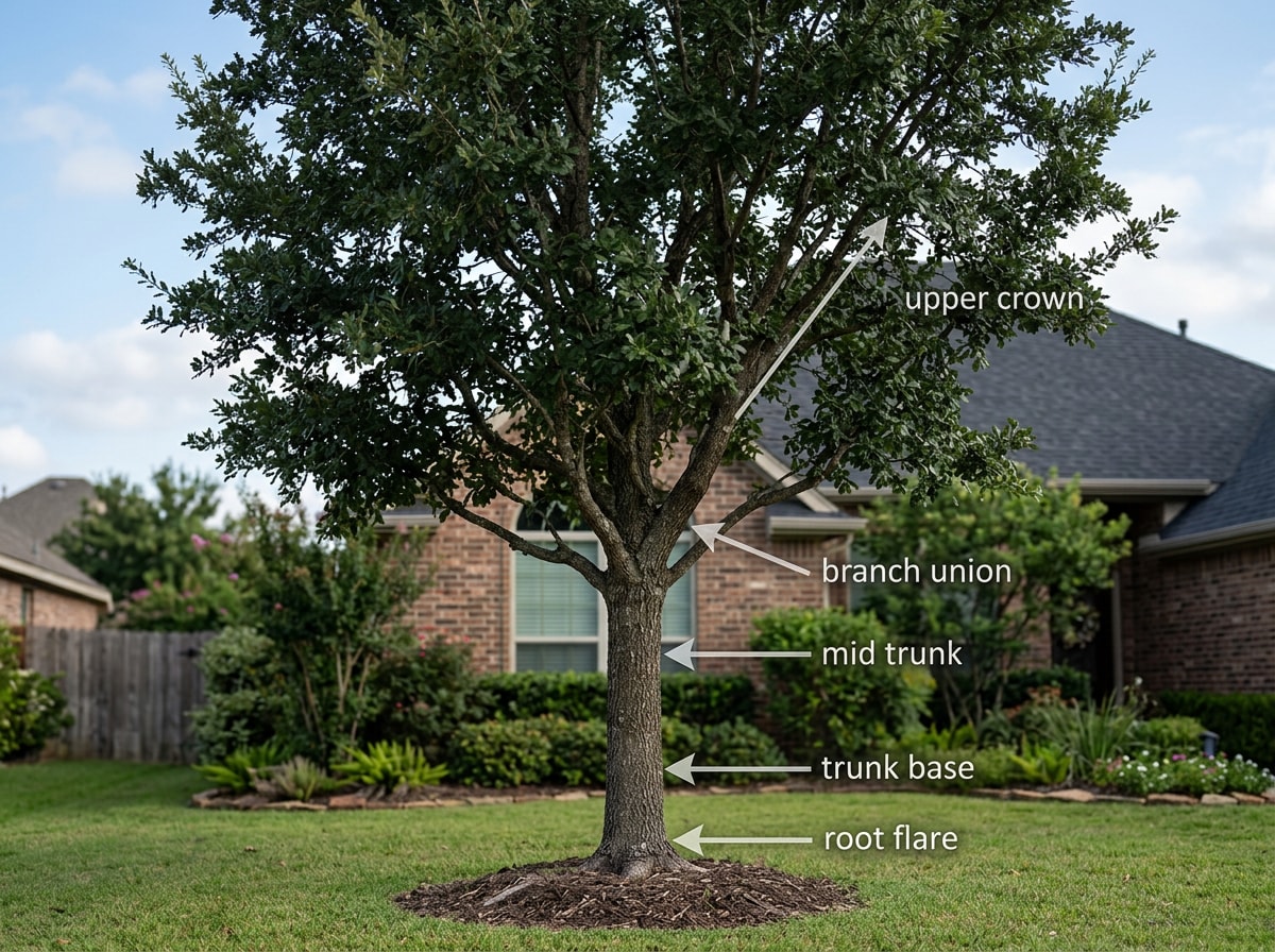 Arborist inspection points diagram showing root zone, trunk, and crown evaluation on a mature tree