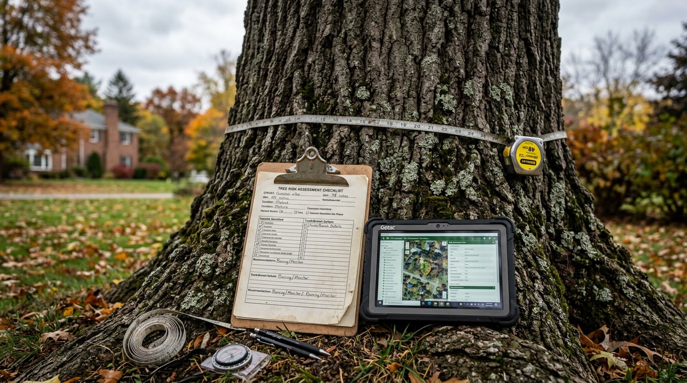 Tree assessment checklist and measuring tools at the base of a mature oak tree in Orchard Park, NY Tree assessment checklist and measuring tools at the base of a mature oak tree in Orchard Park, NY