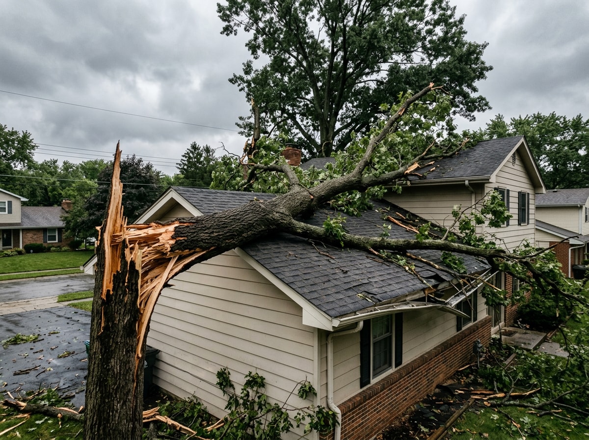 Storm-damaged tree limb resting on a Cheektowaga, NY home's roofline after high winds
