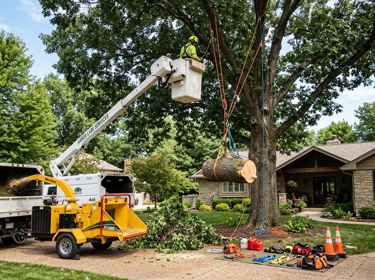 Bucket truck and rigging equipment staged for a controlled tree removal in a Cheektowaga, NY backyard