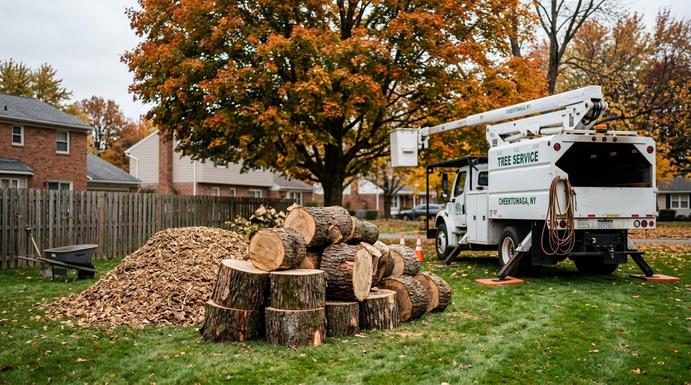 Freshly cut tree log rounds and a bucket truck in a Cheektowaga, NY backyard after a tree removal job
