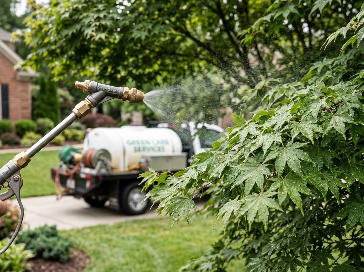 Technician applying foliar tree spray treatment on a residential property in West Seneca, NY
