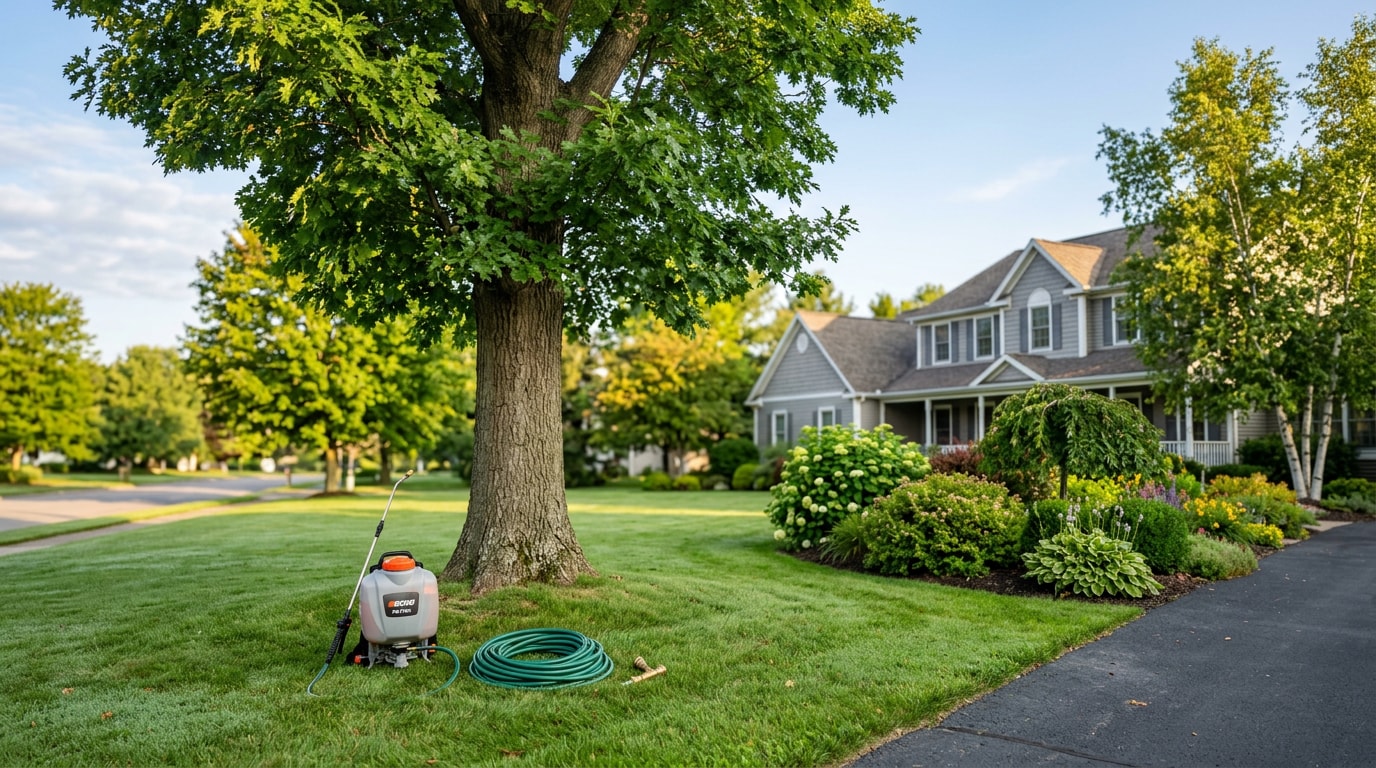 Healthy tree and shrubs on a West Seneca, NY property after professional spray treatment