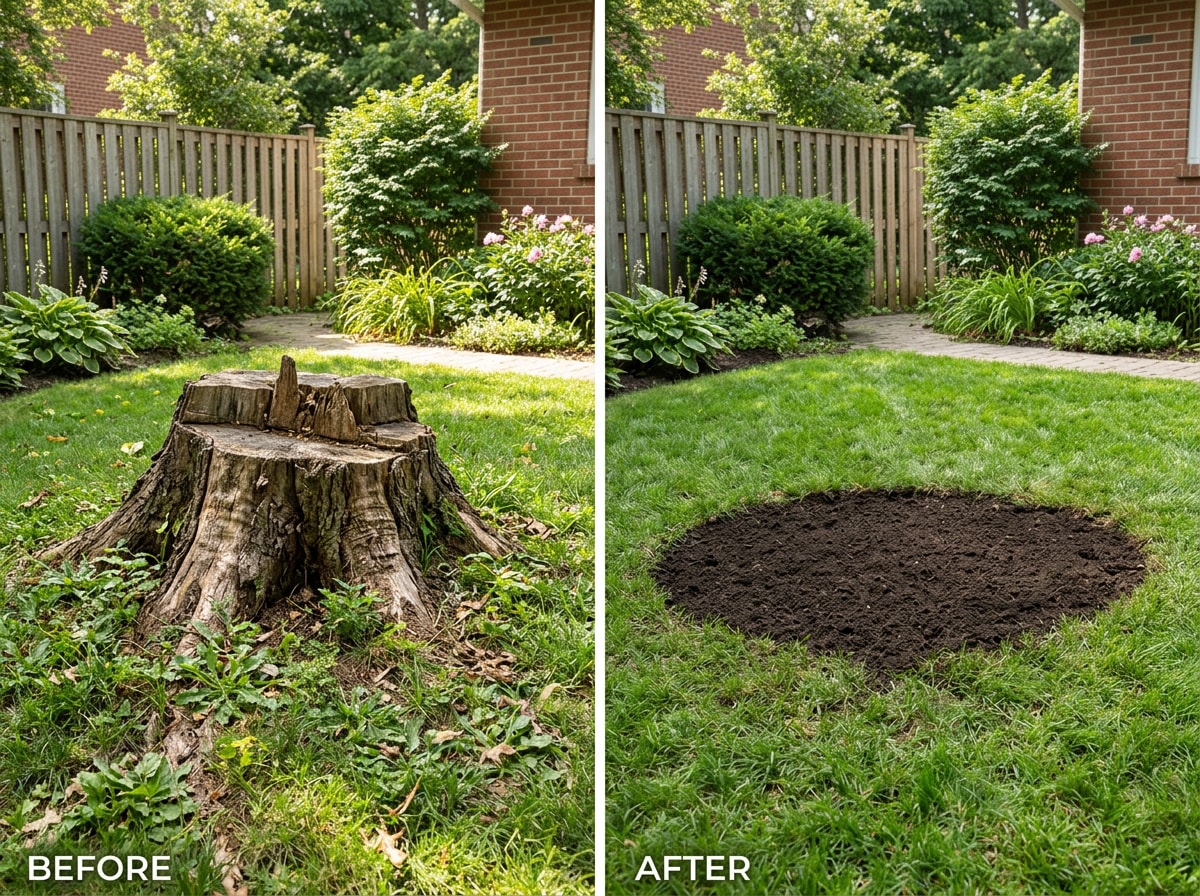 Before and after photo of a tree stump ground down below grade in a Clarence, NY backyard
