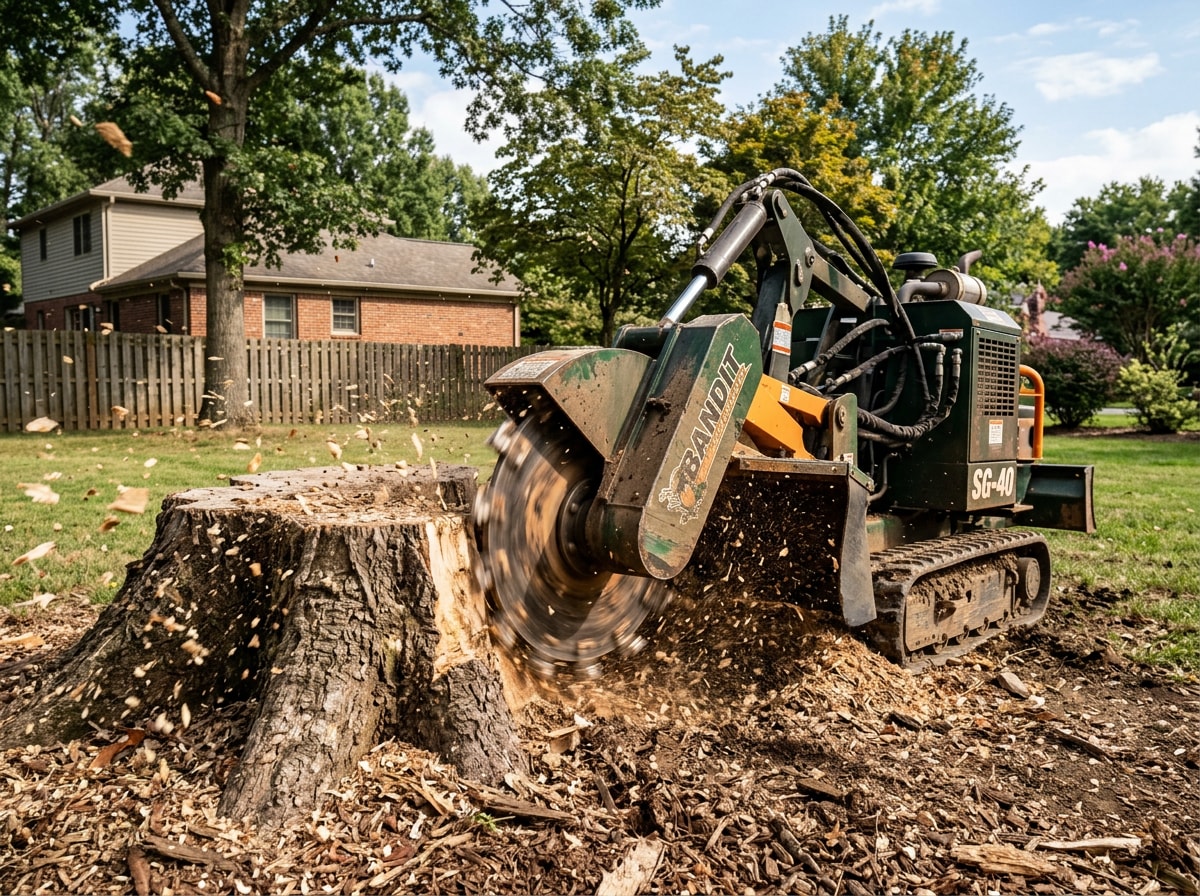 Stump grinder in action removing a tree stump below ground level in a residential Clarence, NY yard