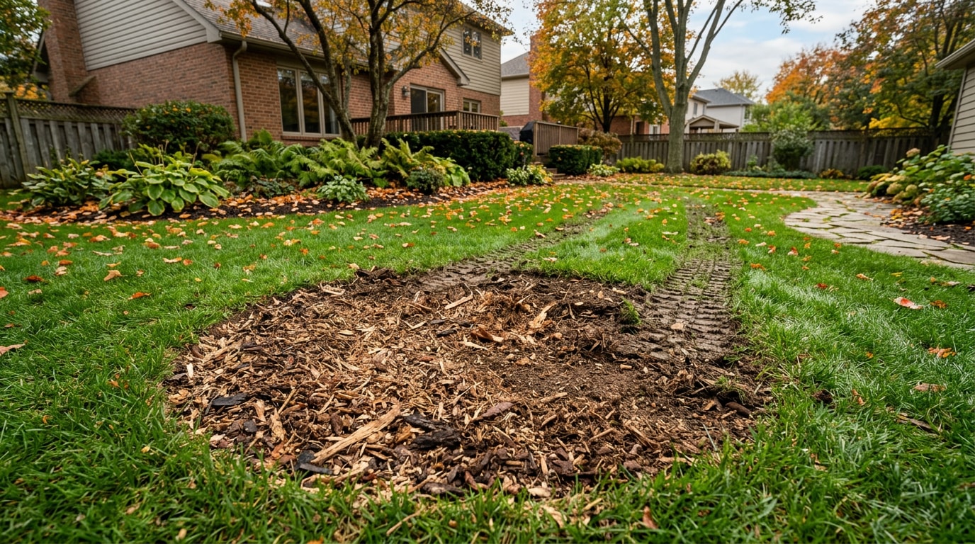 Freshly ground tree stump flush with a suburban Clarence, NY lawn Freshly ground tree stump flush with a suburban Clarence, NY lawn