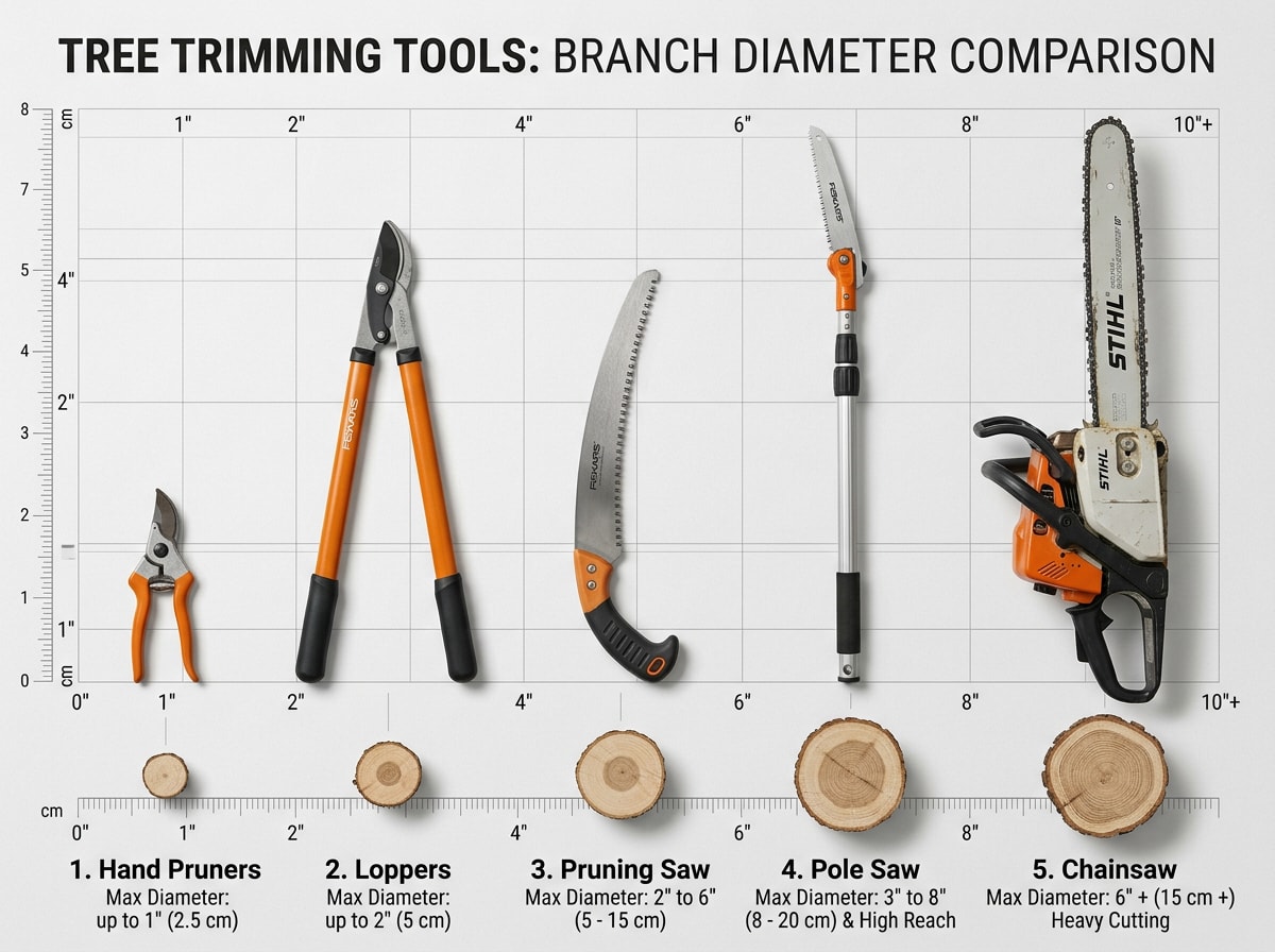 Comparison chart of tree trimming tools by branch diameter, from hand pruners to chainsaws