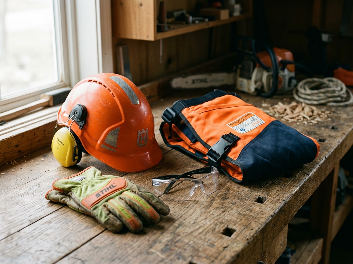 Tree trimming safety equipment including gloves, chainsaw chaps, and eye protection laid out on a workbench