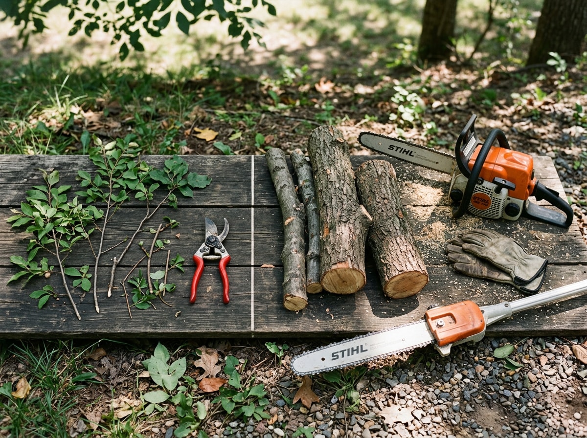 Decision chart showing which tree trimming tool to use based on branch size and tree species