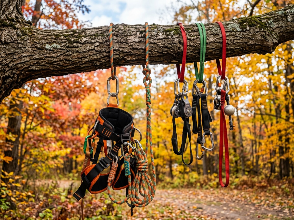 Certified arborist using climbing gear to trim a large tree branch